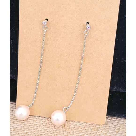 2-1/2" Faux Pearl Dangle on a Silver Chain from a Pink Crystal Post Earrings - Picture 2 of 4